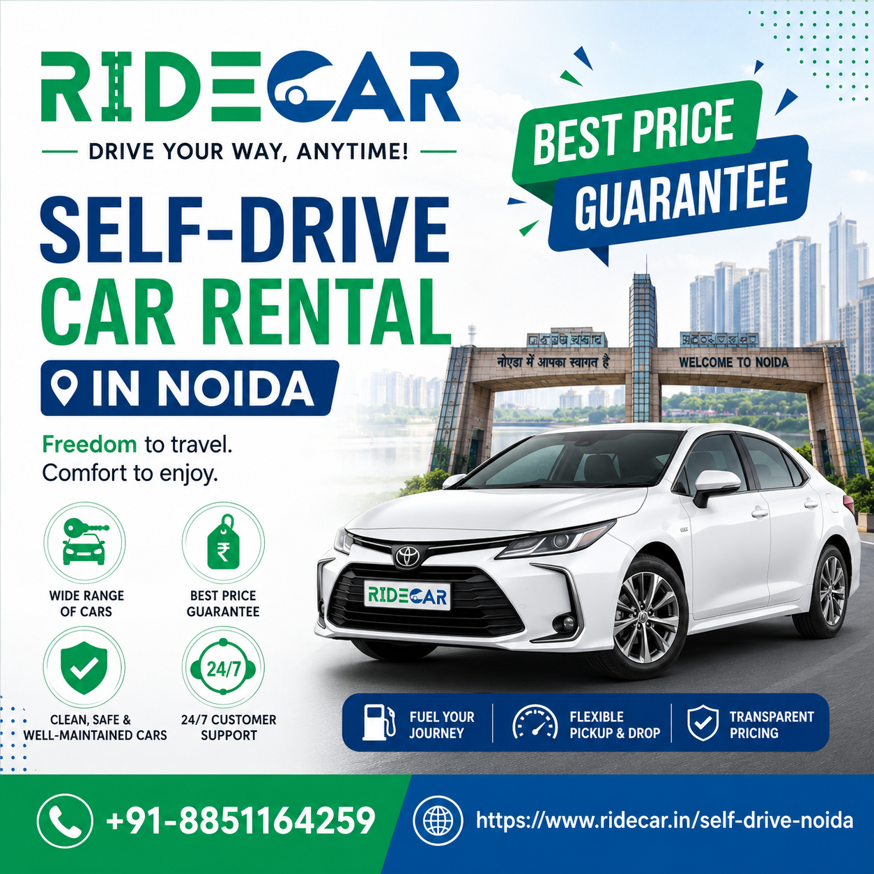 Self drive car rental rates per km in Noida